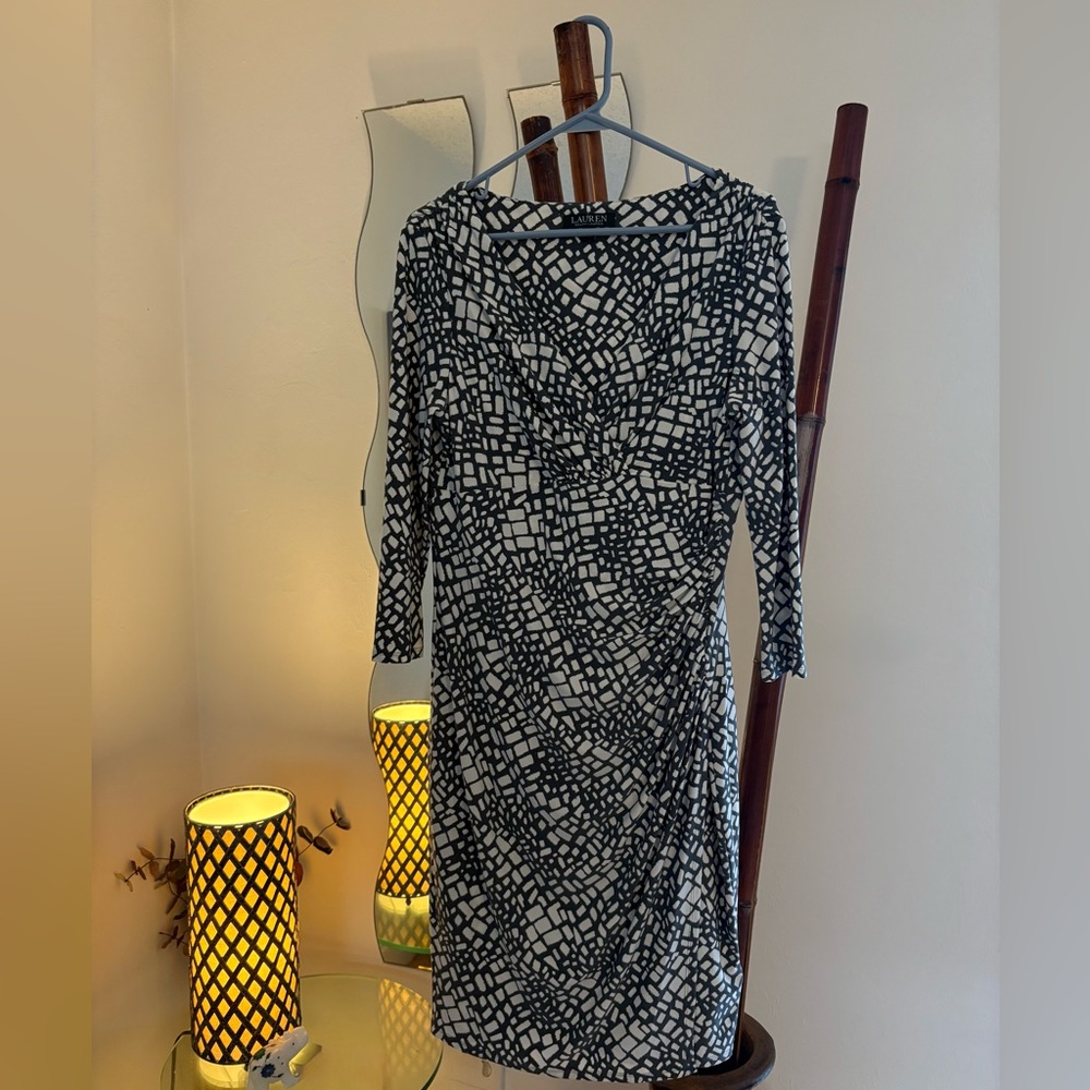 Ralph Lauren - Gray and White Geometric Faux Wrap Dress